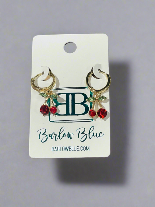 Gold Cherry Dangle Hoop Earrings