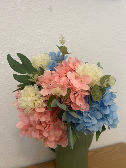 Blue & Pink Hydrangeas, White Flowers, & Greenery Artificial Bouquet