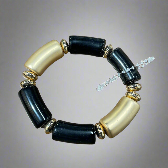 Elegant Beaded Stretch Bracelet with Pearl-like and Gold Accents