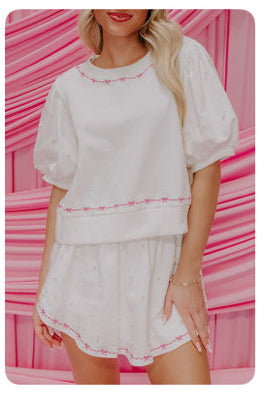 White Skort Set w/ Bow Trim Pearl Puff Sleeves