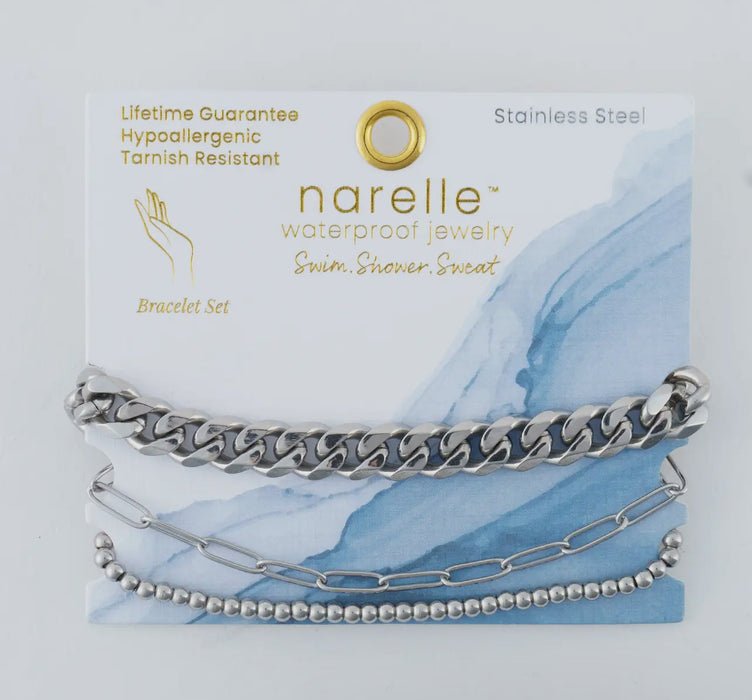 Waterproof Silver Curb Chain Bracelet Set