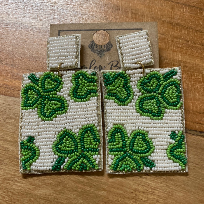Large Beaded White Earrings with Clover Design