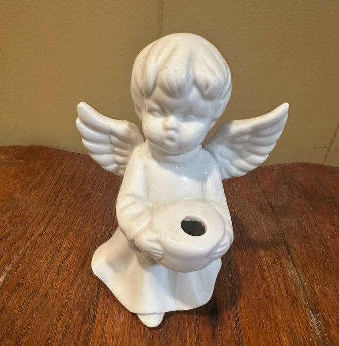 Vintage White Ceramic 4" Wings Spread Angel Candle Holder Figurine