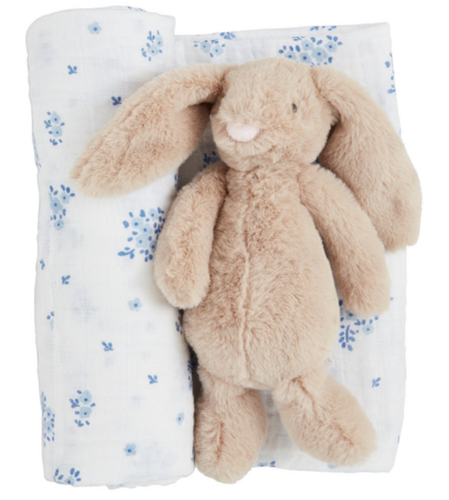 Blue Floral Swaddle Rattle Set