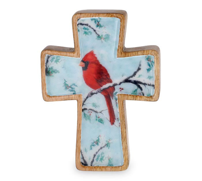 Mango Wood Cross Sitter with Cardinal