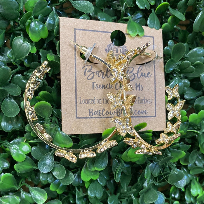Large Studded Butterfly Hoop Earrings. Gold and Silver