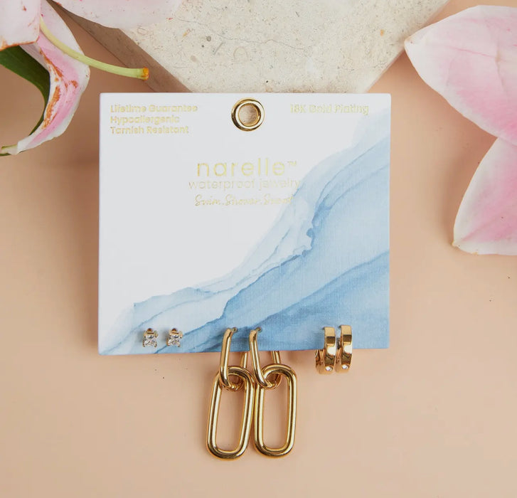 Waterproof Gold Double Linked Trio Hoop Earrings