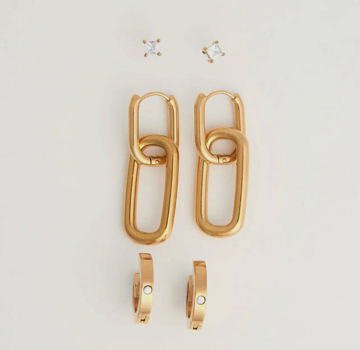 Waterproof Gold Double Linked Trio Hoop Earrings