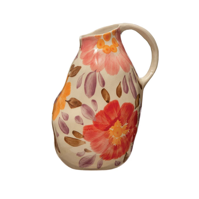 32 oz Hand-Painted Stoneware Pitcher w/ Florals