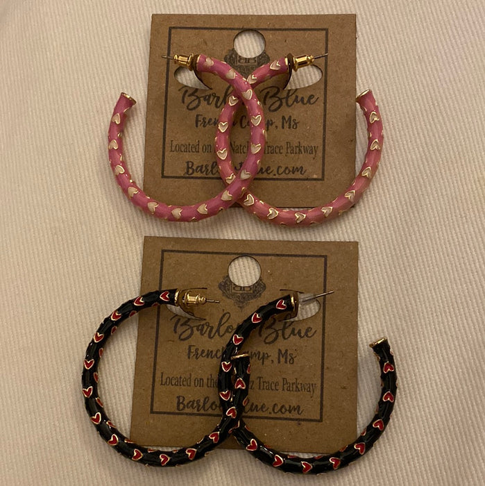 Large Hoop Earrings w/Heart Designs -2 Colors