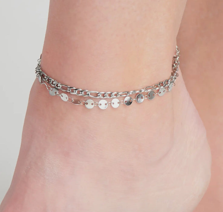 Waterproof Silver Multi Row Figaro Chain Anklet