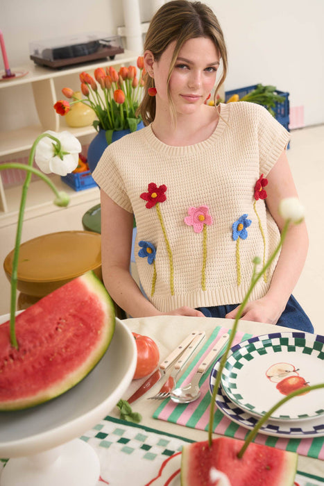 3d Floral Crochet Short Sleeve Sweater