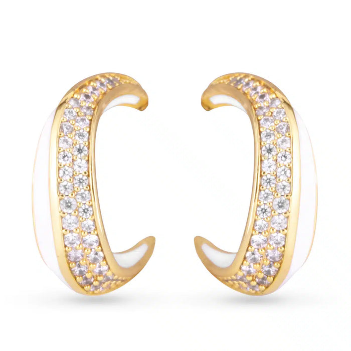 White Enamel and CZ Hoop Earrings – Gold