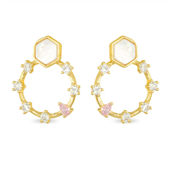 Gold CZ & MOP Flat Disk Earrings