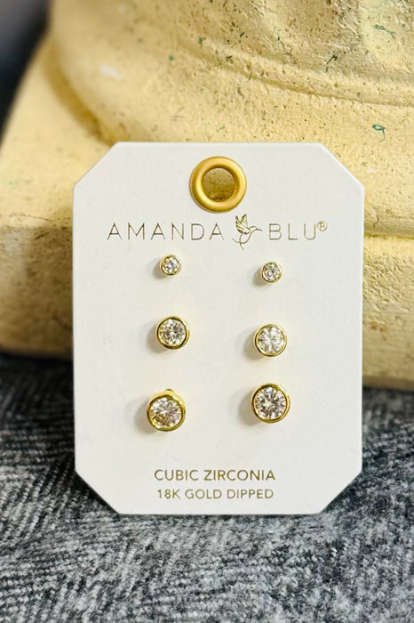 Gold CZ Stud Trio Set Earrings