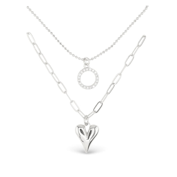 Silver CZ Dual Layer Circle Heart Necklace
