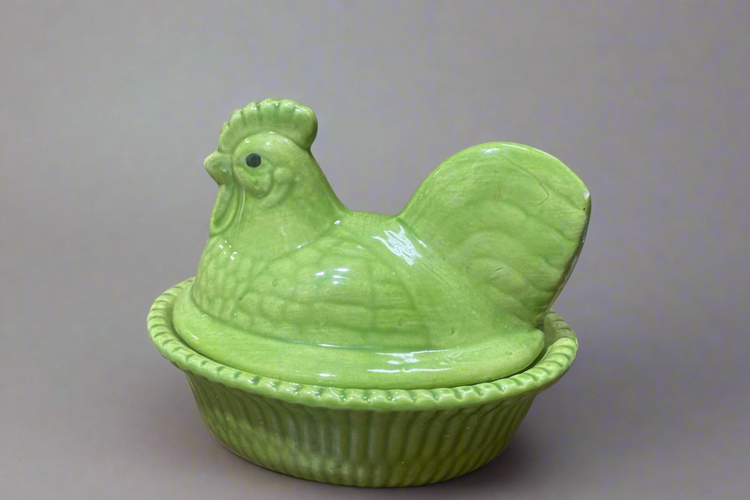 Vintage Green Ceramic Hen on Nest Covered Dish