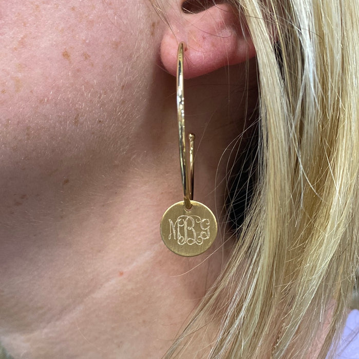 Dainty Round Monogram Earrings on Hoops ~Silver or Gold. Simplistic Jewelry.