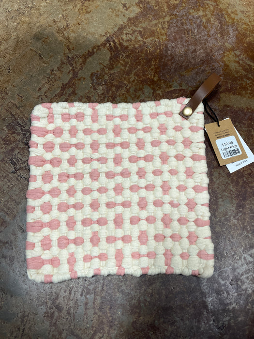 8" Square Cotton Crocheted Pot Holder w/ Leather Loop, Multi Color, 4 Colors