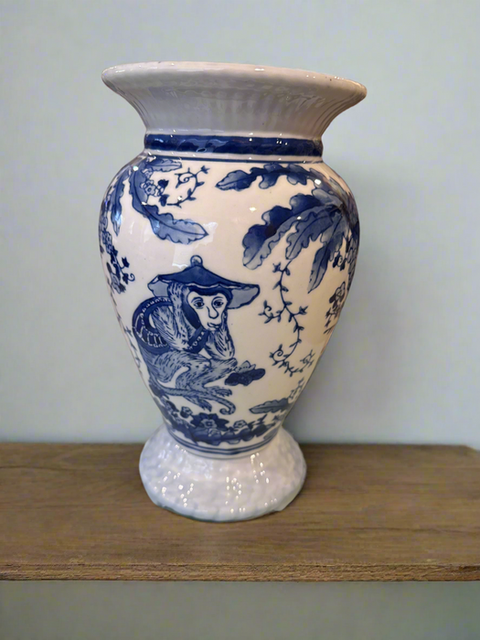 Vintage Blue & White Chinoisserie Vase with Monkey’s