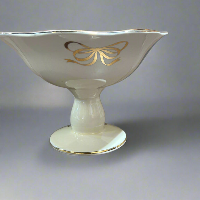 Vintage Porcelain Compote Dish with Gold Bow Design