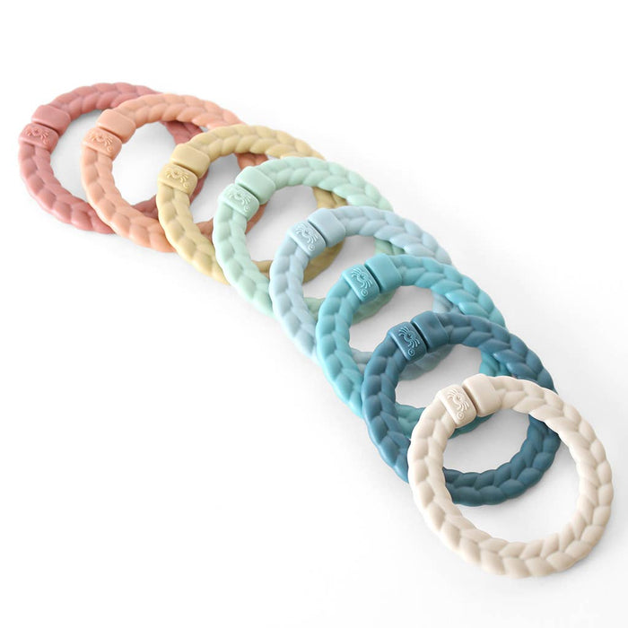 Bitzy Bespoke Itzy Rings™ Linking Ring Set: Muted Rainbow Color. Use as a teether, toy, or to attach things to a stroller.