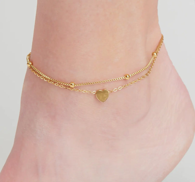 Waterproof Gold Multi Row Heart Anklet