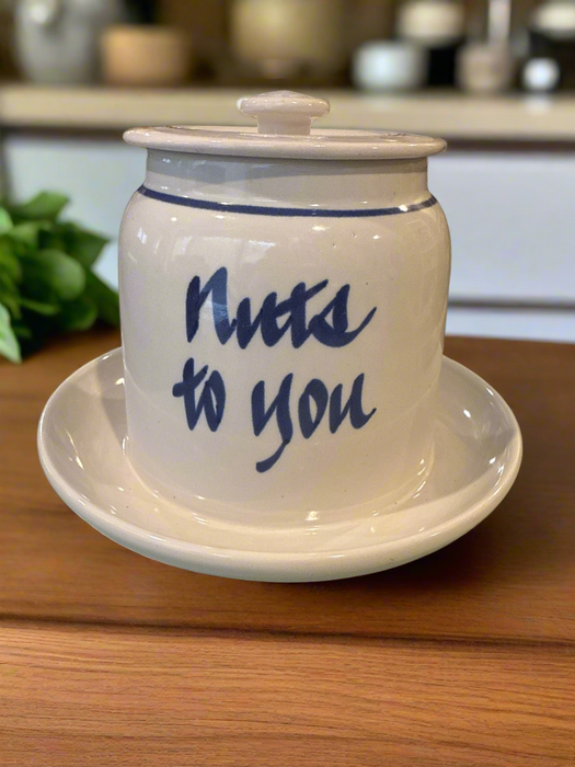 Vintage “Nuts To You” Blue & White Ceramic Crock with Lid.