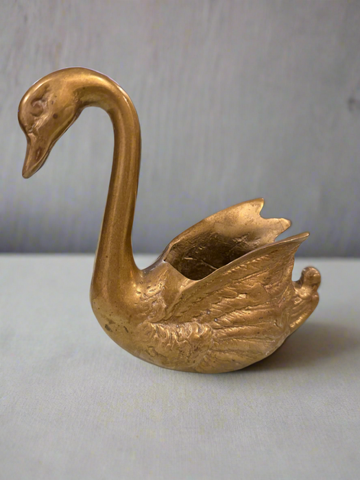 7” Tall Vintage Solid Brass Swan Planter.
