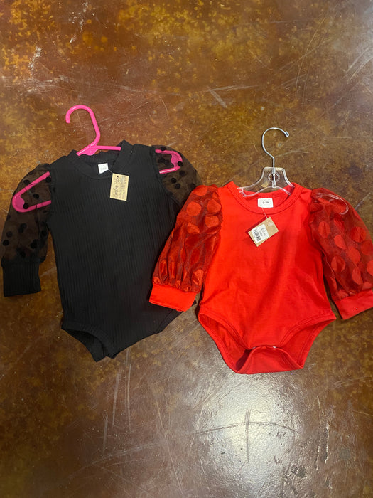 Tinsley Onesie with Dotted Mesh Sleeves for Babies in Red or Black.  0-3 Months through 12-18 Months.