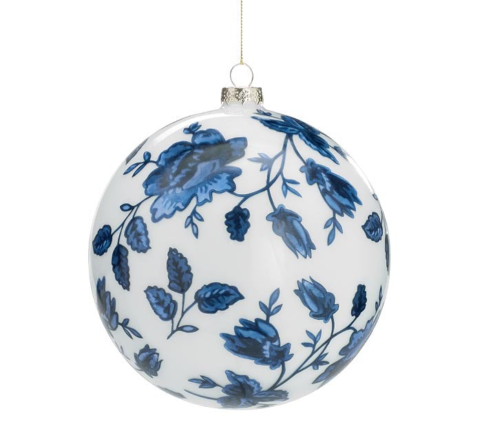 Blue Floral on White Glass Ornament