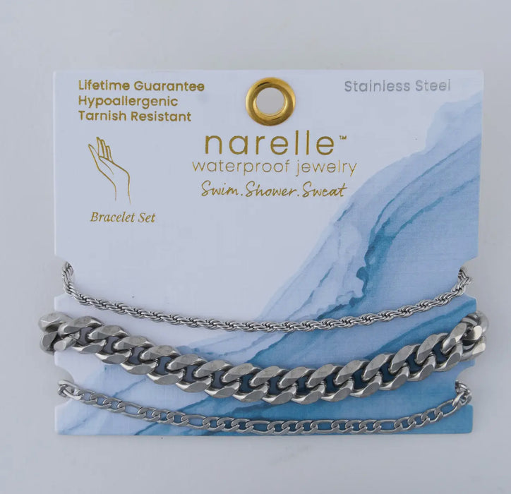 Waterproof Silver Figaro Chain Bracelet Set