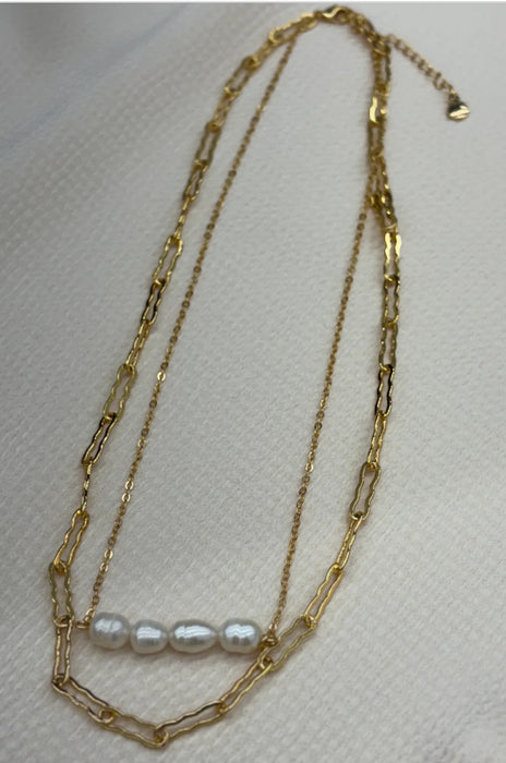 Gold Pearl Bar Layer Necklace
