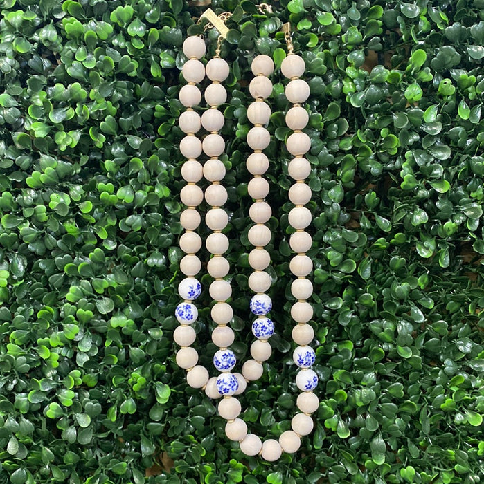 Layered Wooden Bead Necklace w/ Blue & White Accent Beads