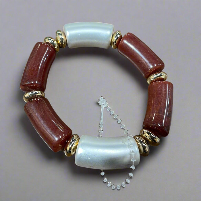 Elegant Beaded Stretch Bracelet with Pearl-like and Gold Accents