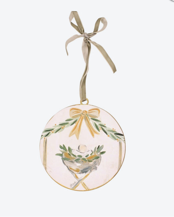 6" Manger with Bow Metal Disc Ornament