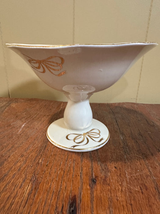 Vintage Cream Compote Dish Pedestal Bowl with Gold Ribbon Accent. Perfect Centerpiece.