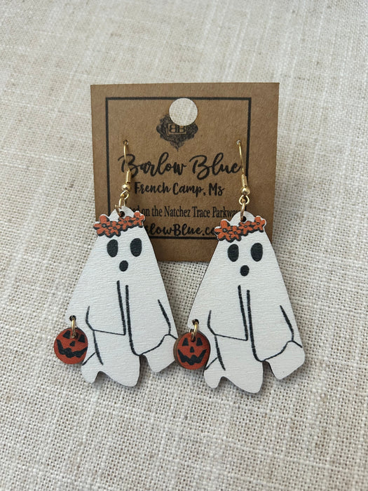 Wooden Ghost with Flower Crown Earrings