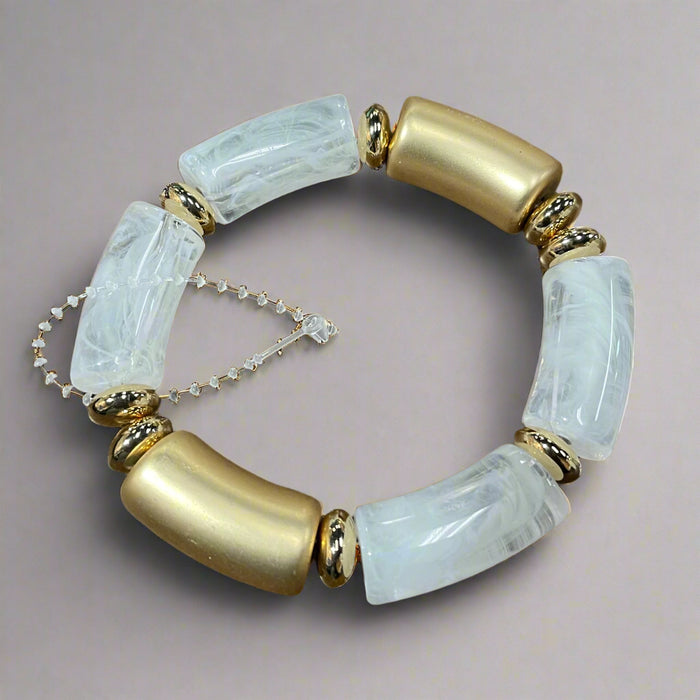 Elegant Beaded Stretch Bracelet with Pearl-like and Gold Accents