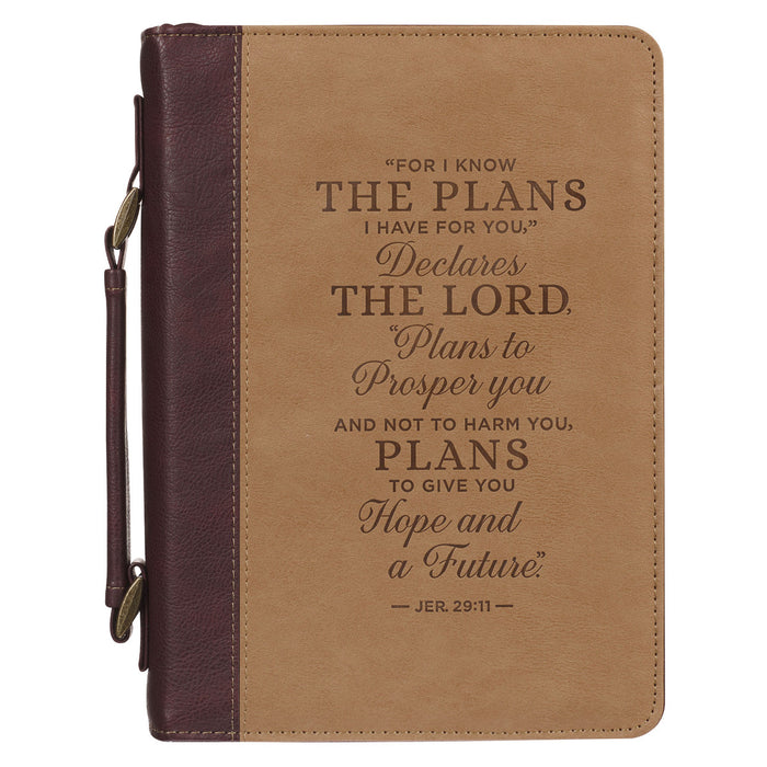 For I Know the Plans Burgundy and Tan Faux Leather Classic Bible Cover - Jeremiah 29:11