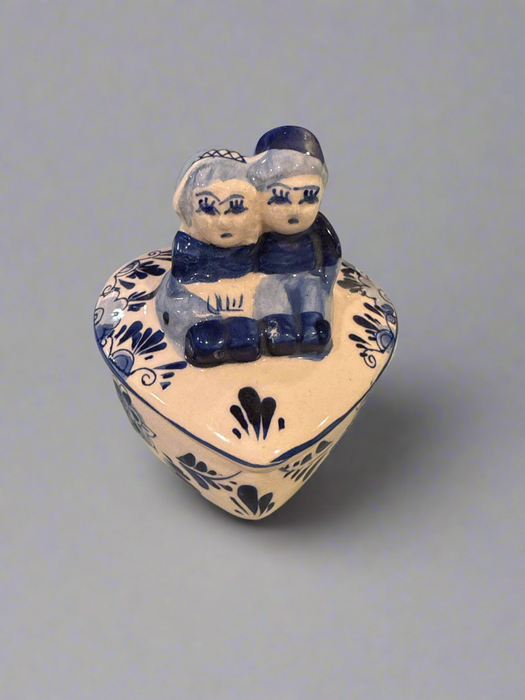 Vintage Delft Blue & White Heart Trinket Tray with Couple On Top.