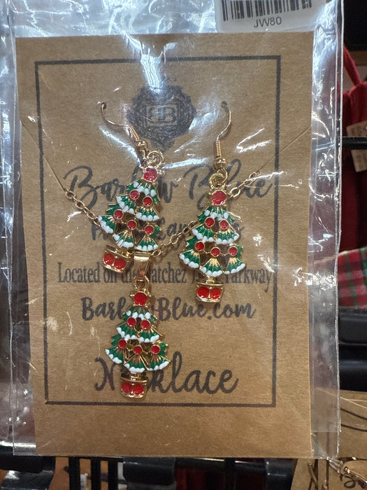 Christmas Tree with Red Ornaments Necklace & Earrings Set