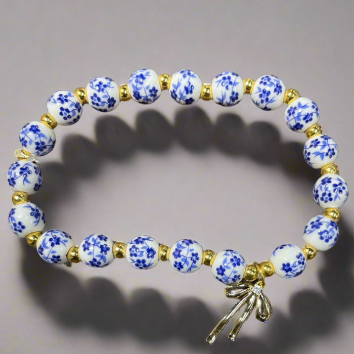 Bow Charm Floral Porcelain Blue Bracelet