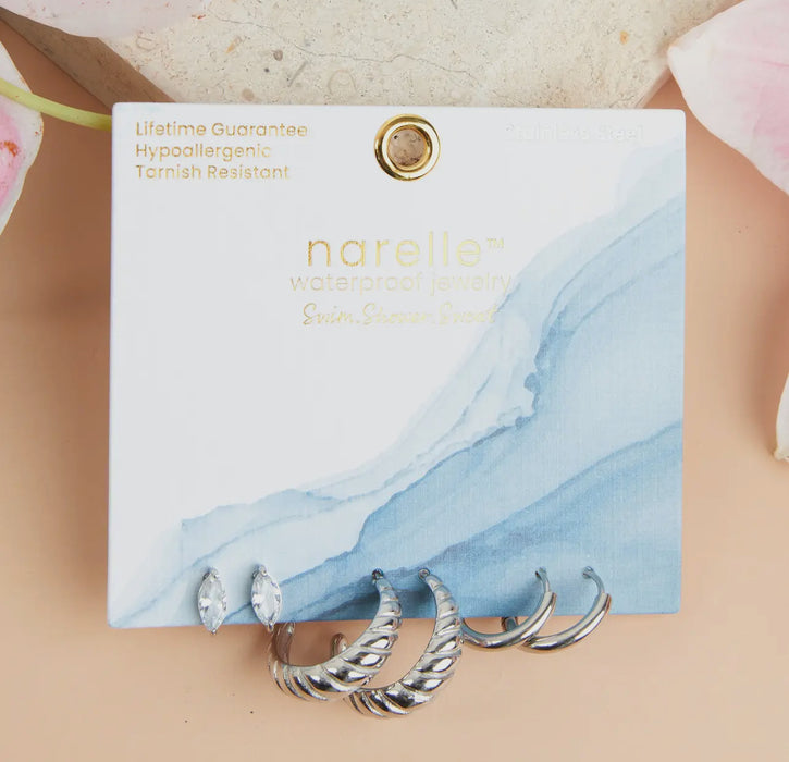 Waterproof Silver Half Moon Trio Hoop Earrings