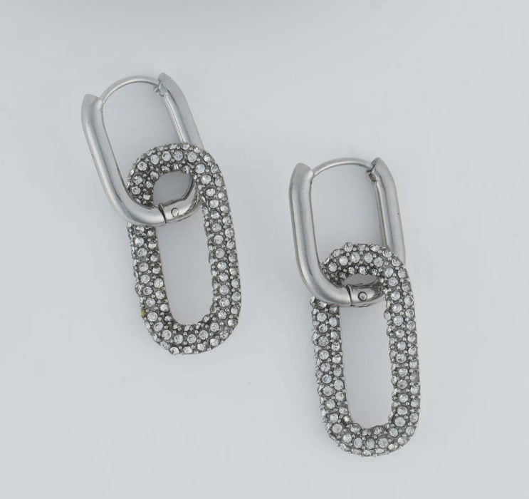 Waterproof Silver Pave Linked Hoop Earrings