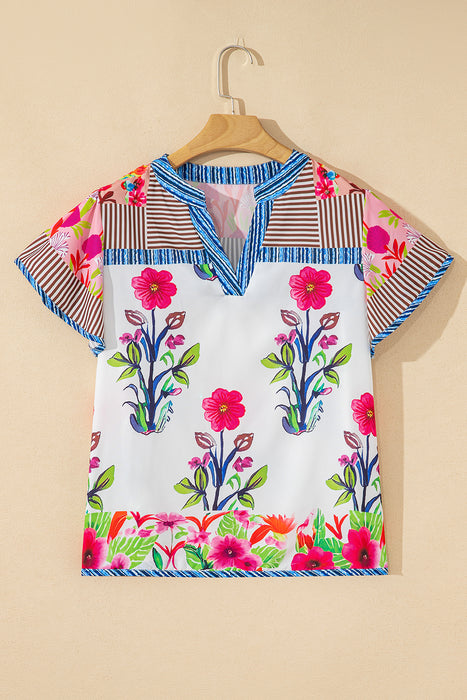 Vibrant Floral Striped Patchwork Split Neck Blouse