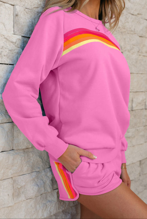 Striped Crew Neck Sweatshirt & Shorts Set. Available in Pink & Blue.