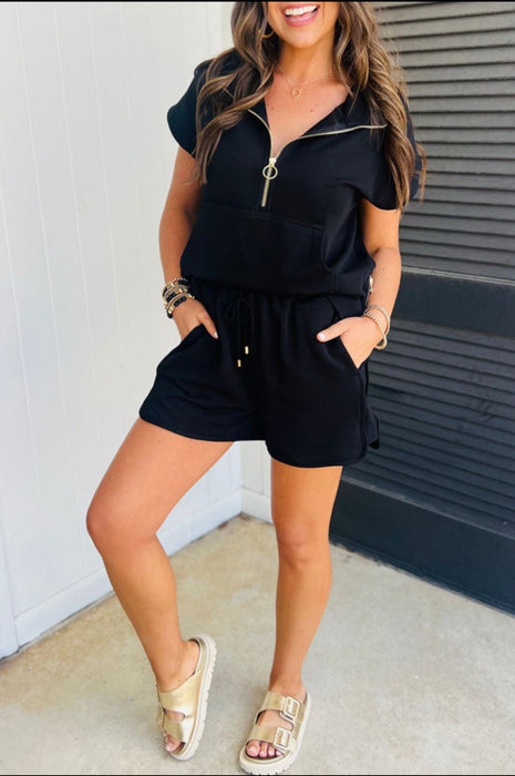 Half Zip Knit Short Set with Gold Zipper. 2 Piece Set Available in Black & Beige.