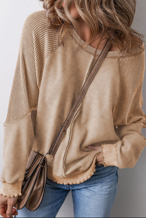 Tan Waffle Knit Patchwork Raglan Sleeve Sweatshirt