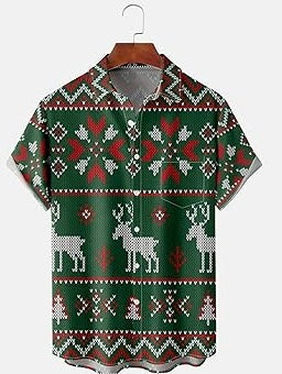 Men's Festive Christmas Button Up Shirt. Green with Ugly Christmas Sweater Print.